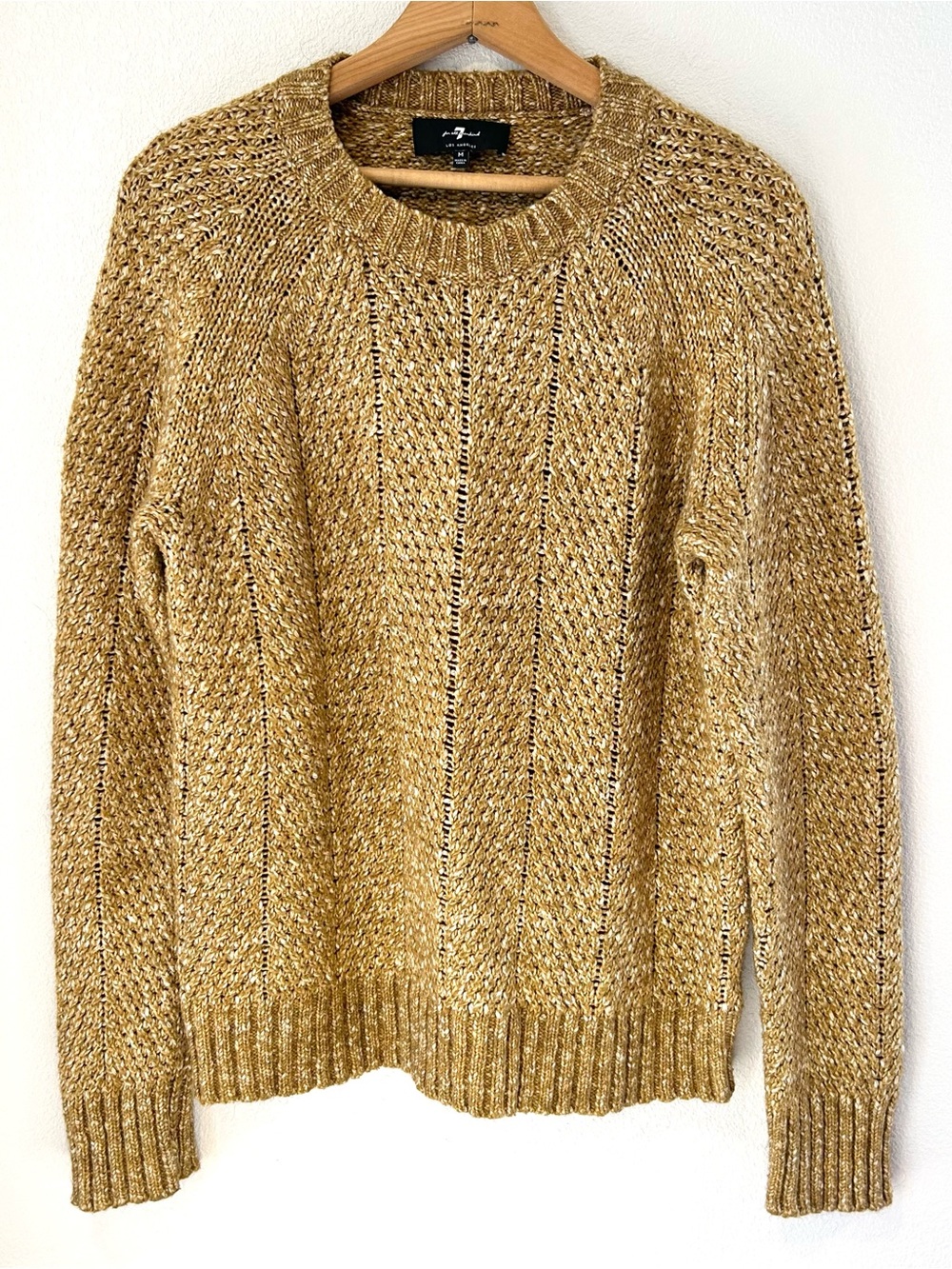 7 For All Mankind Women's Sweater Tan Mustard Knit Cotton Yak Wool Blend Size M